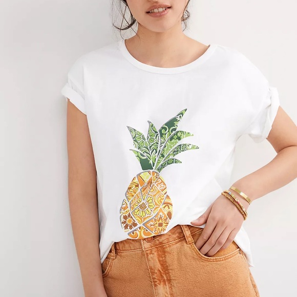 FARM Rio Tops - FARM Rio White Short Sleeve Tee with Green and Yellow Pineapple Print